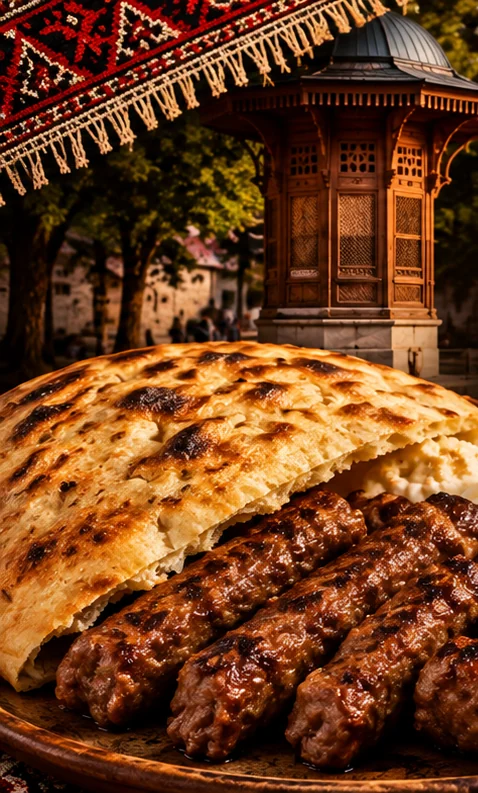 Ćevapi and somun under the Sebilj fountain