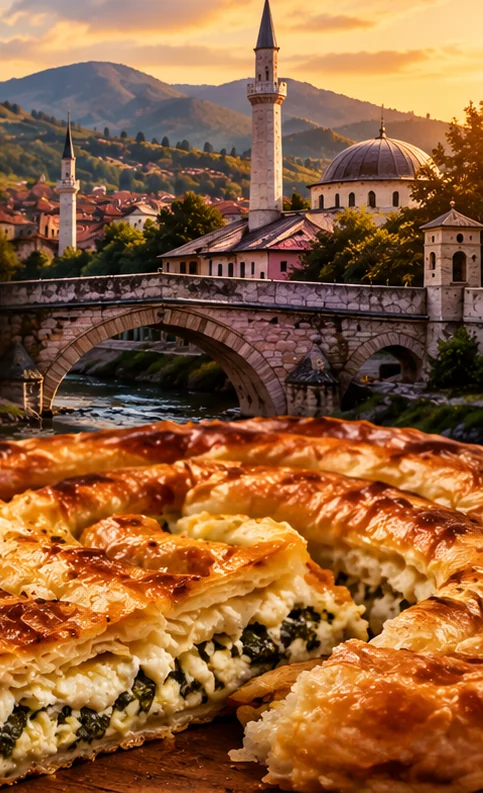 Bosnian pita with an old stone bridge and minaret behind