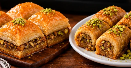 Squares and rolls of pistachio baklava