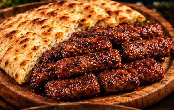 Plate of ćevapi with somun bread