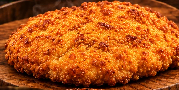 Golden breaded chicken breast on a wooden board