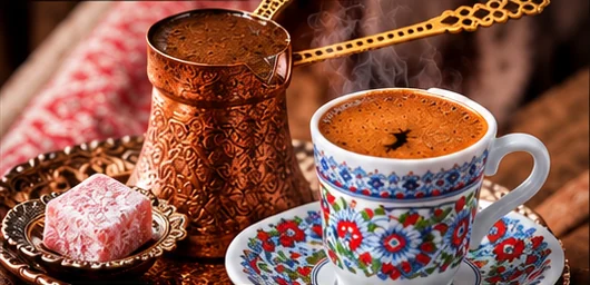 Bosnian coffee in a patterned cup beside a copper pot and lokum