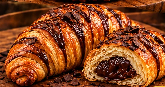 Two chocolate croissants, one cut open to show the filling