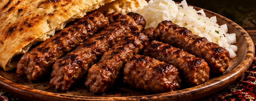 Ćevapi with somun bread and chopped onion on a wooden plate