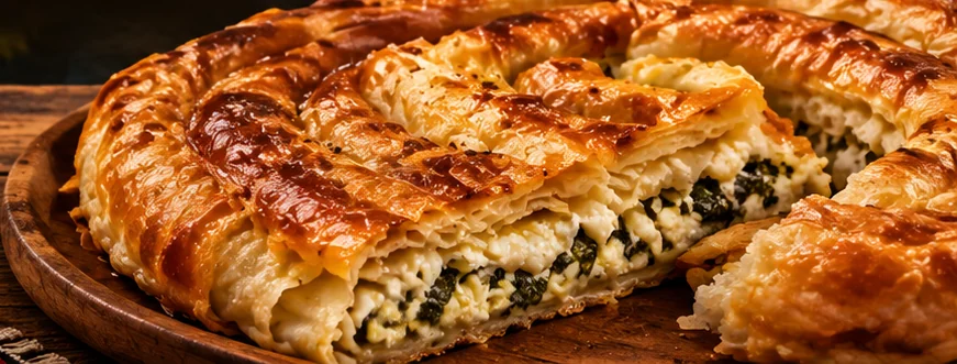 Round Bosnian pita filled with spinach and cheese on a wooden board