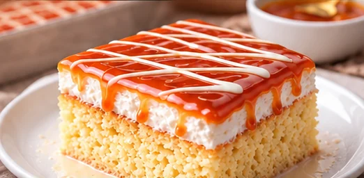 Slice of tres leches cake with caramel drizzle